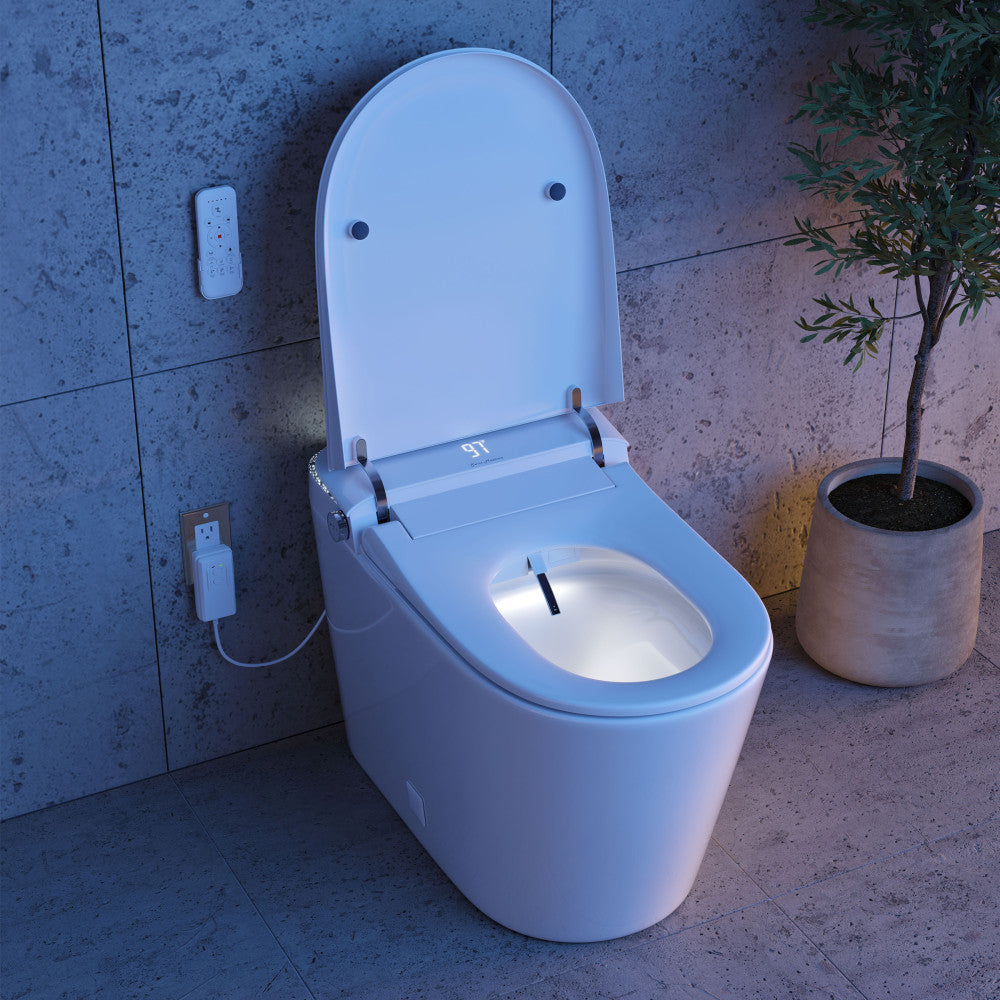 Remi Smart Toilet 12” Rough-in ADA Height in Glossy White with Integrated Tank, Auto-Open Lid, Foot Sensor