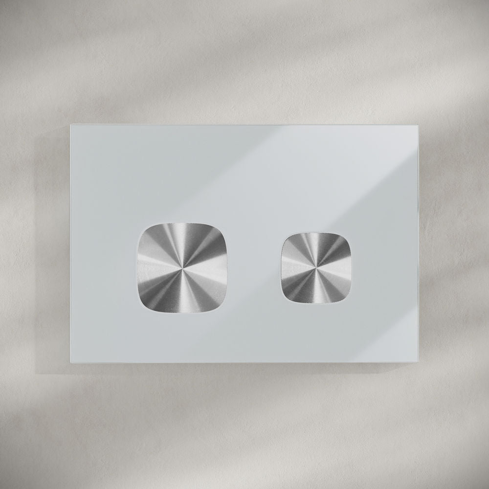 Verre Wall Mount Dual Flush Glass Actuator Plate in Glossy White with Silver Flush Buttons