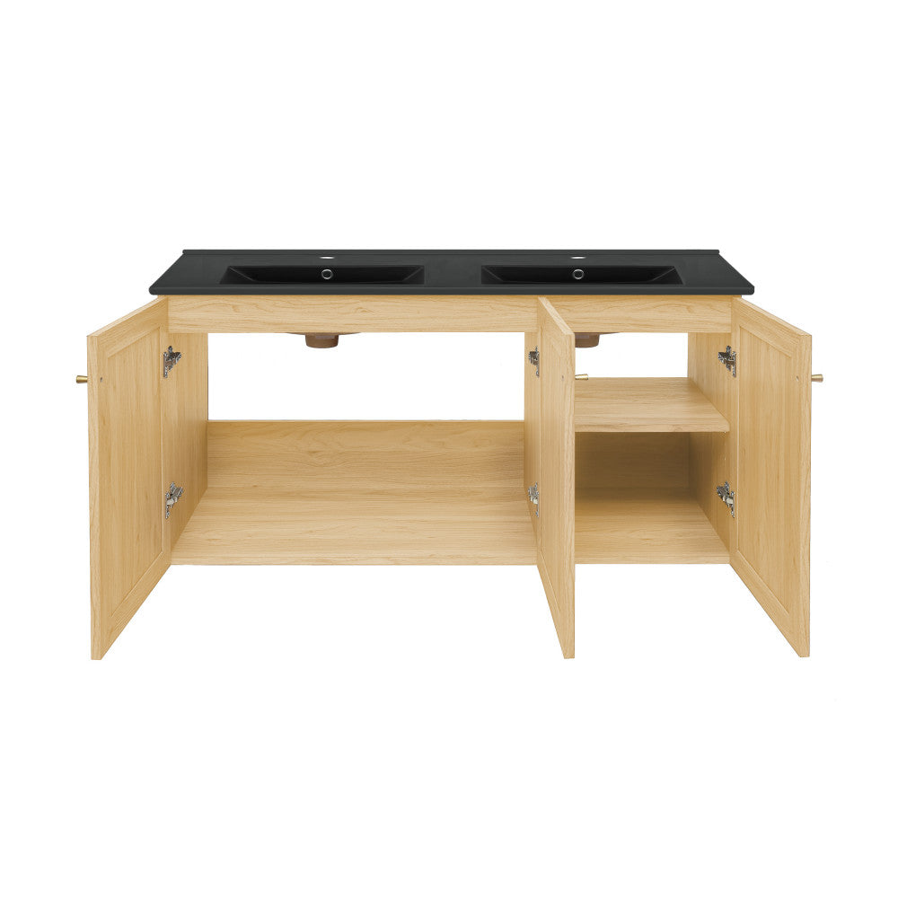 Classe 48" Wall-Mounted Bathroom Vanity in Natural Oak with Black Double Basin Sink Top
