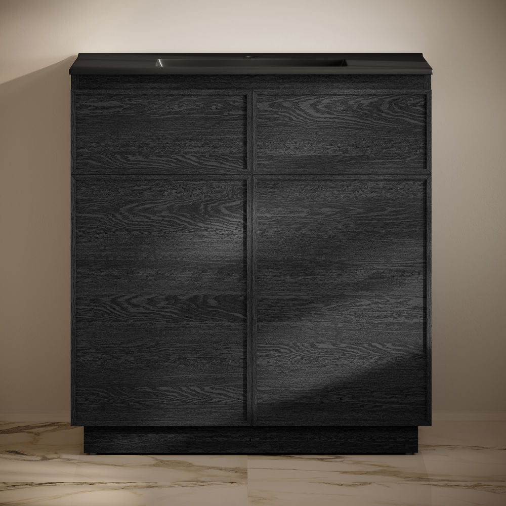 St. Tropez 36" Freestanding Bathroom Vanity in Black Oak with Black Sink Top