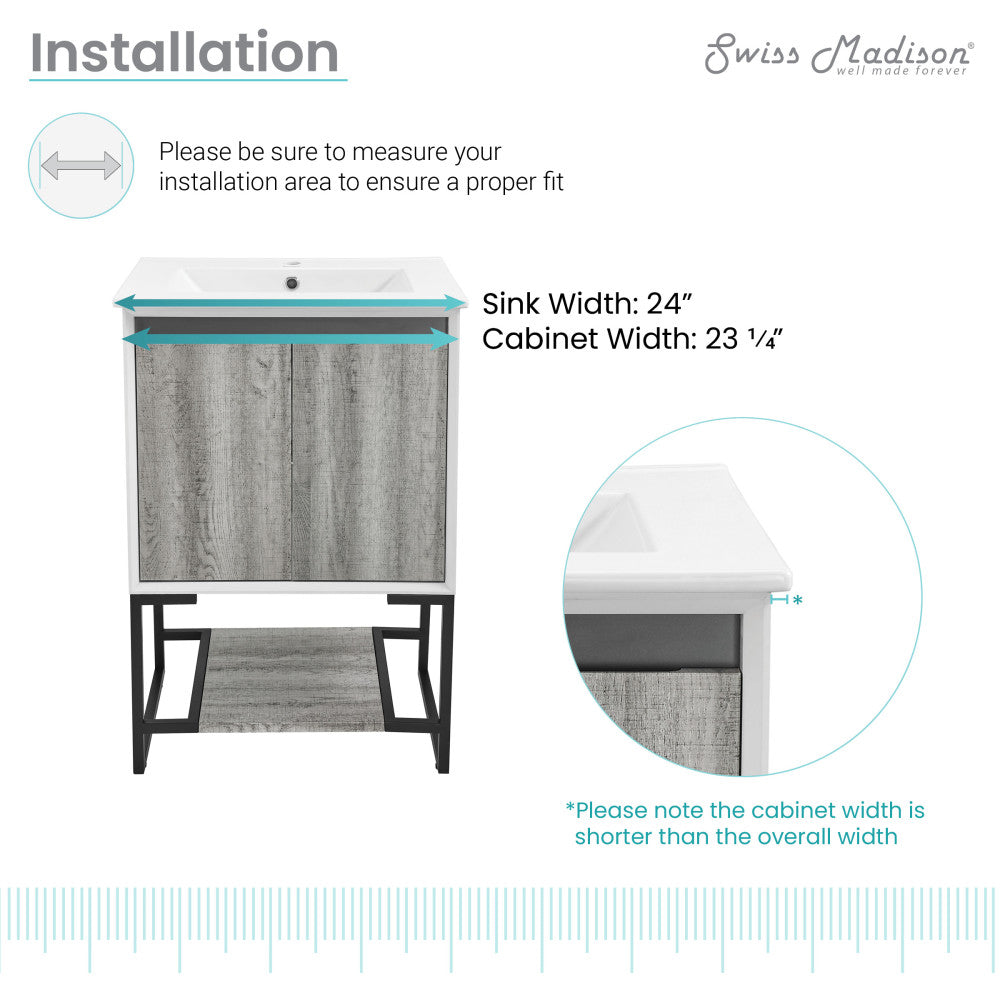 24-inch freestanding bathroom vanity with two doors and an open shelf, gray wood finish.