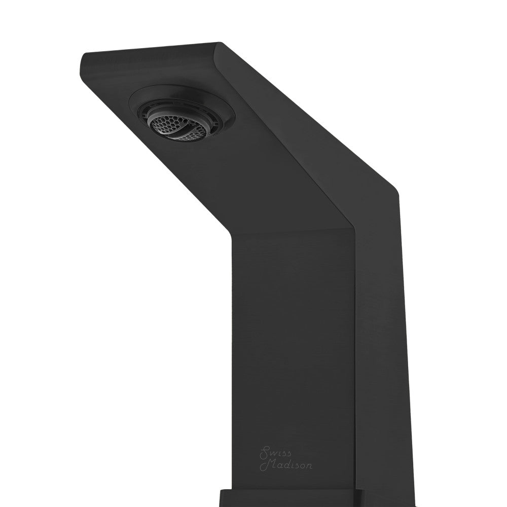 Widespread bathroom faucet in matte black with square spout and two handles.