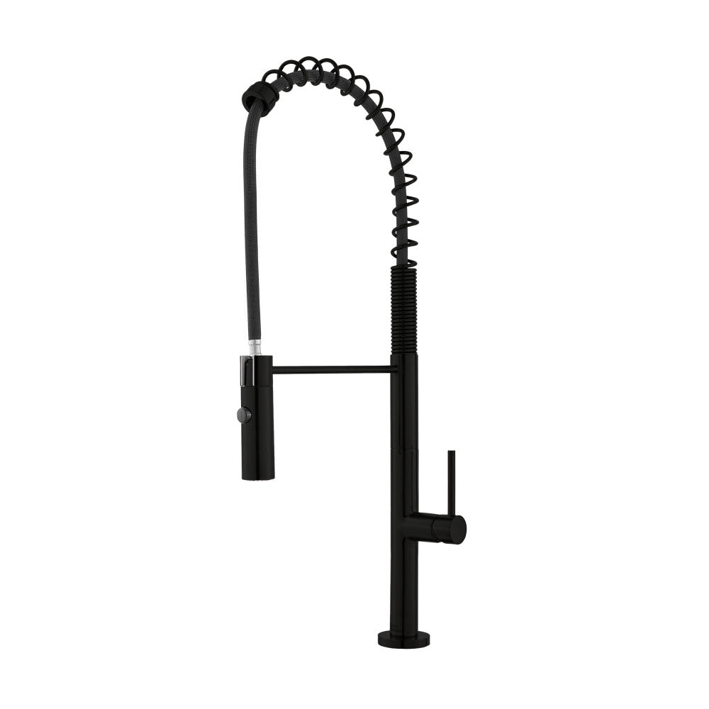 Pull-down kitchen faucet in matte black, single handle, high-arc spring design.