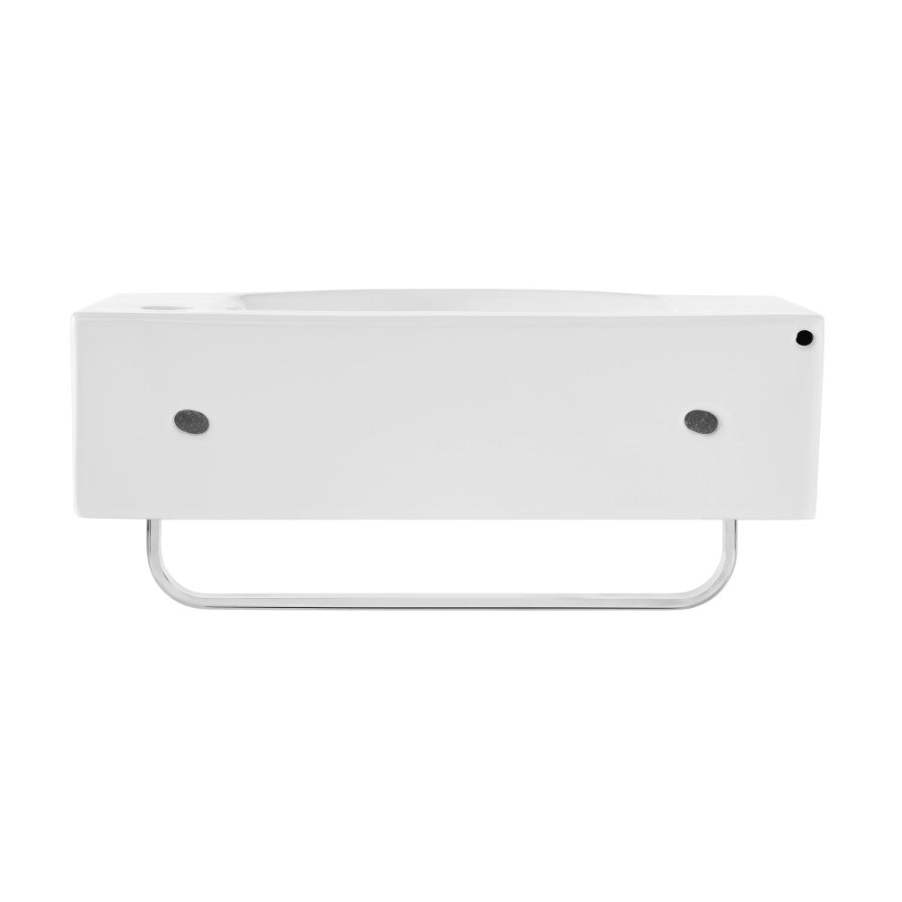21.5" white wall-mount bathroom sink with right side chrome faucet and towel bar.
