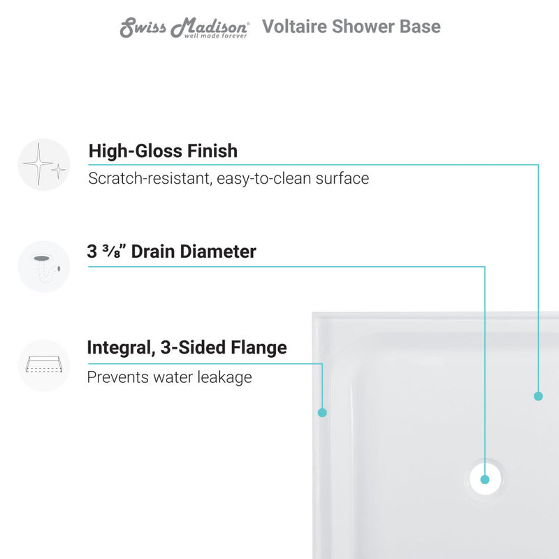 Voltaire 60" x 30" Acrylic White, Single-Threshold, Center Drain, Shower Base