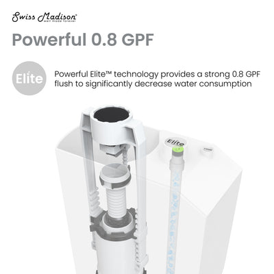 Elongated one-piece toilet, high efficiency, 0.8 GPF water-saving patented technology.