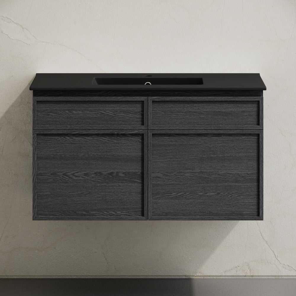 St. Tropez 36" Wall-Mounted Bathroom Vanity in Black Oak with Black Sink Top