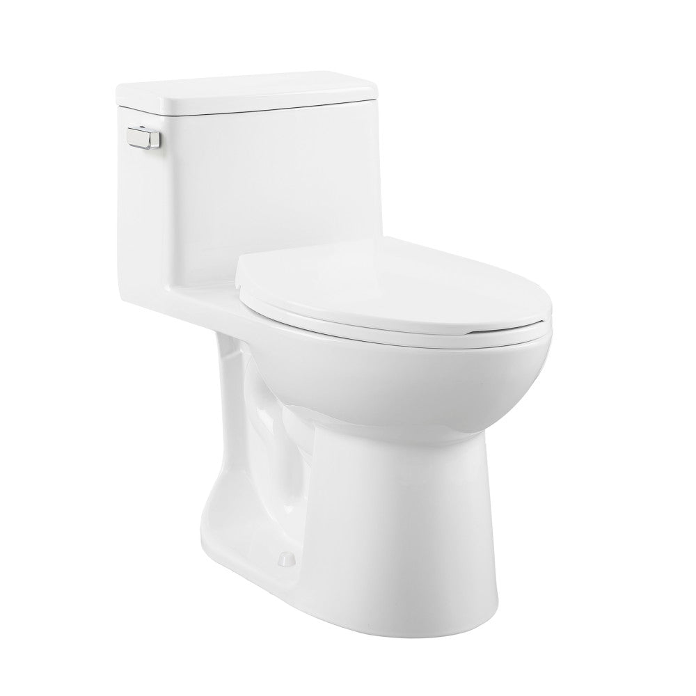 Elongated one-piece toilet with side flush lever, 1.28 gallons per flush, white ceramic finish.