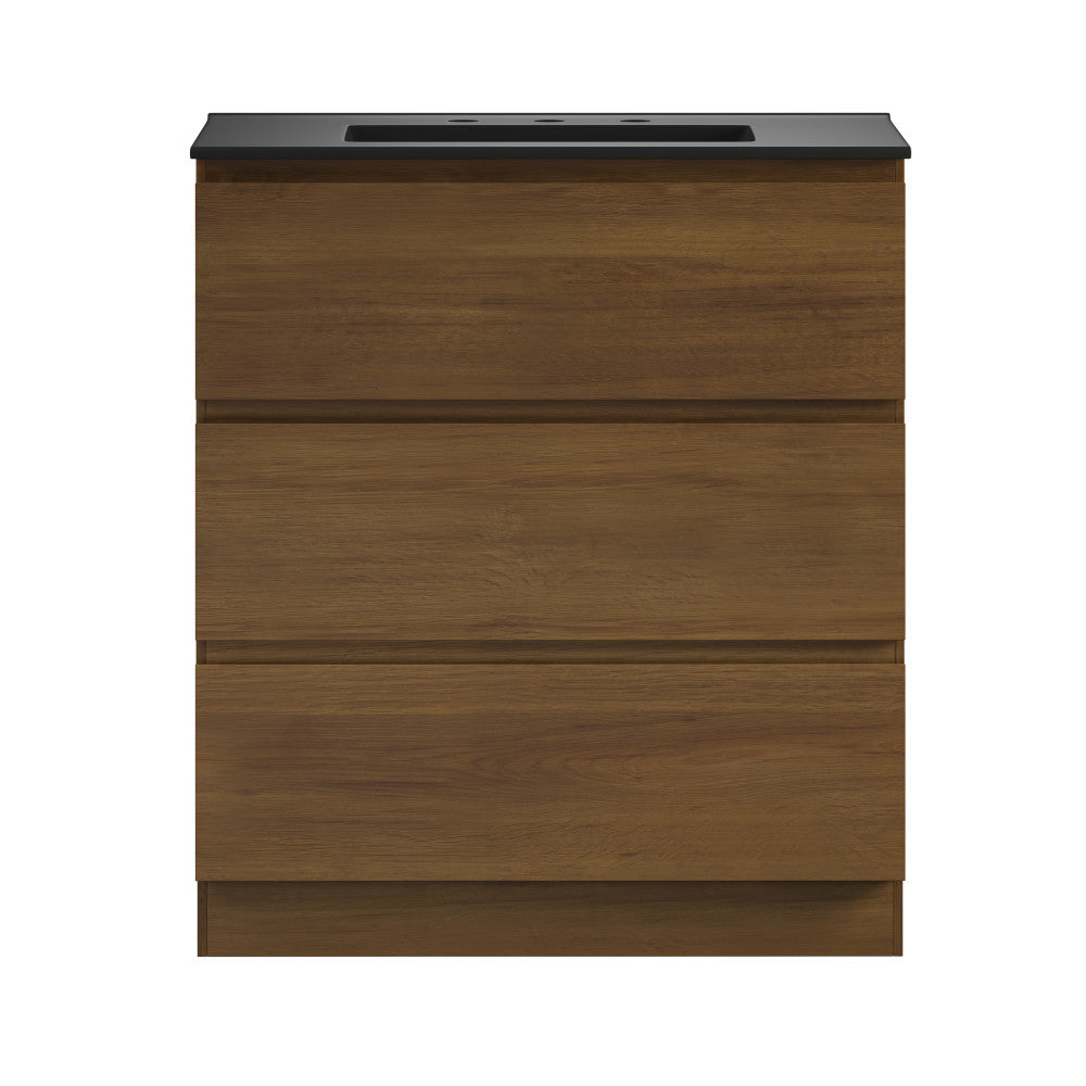 Liberte 30" Freestanding Bathroom Vanity in Brown Oak with Black 3-Hole Widespread Sink Top