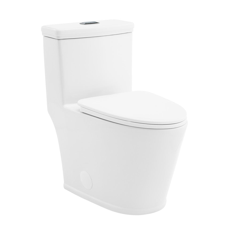 Elongated one-piece white toilet with dual-flush button on top and smooth skirted design.