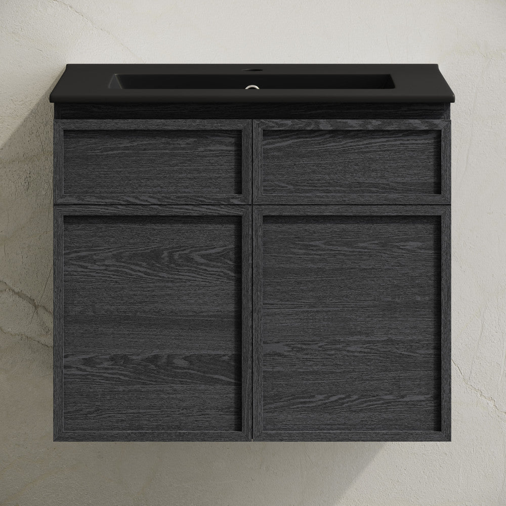 St. Tropez 24" Wall-Mounted Bathroom Vanity in Black Oak with Black Sink Top