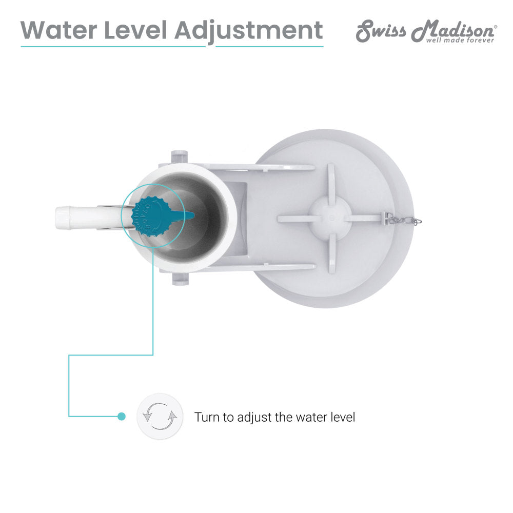 Toilet flush valve replacement part in white plastic with water level adjustment mechanism.