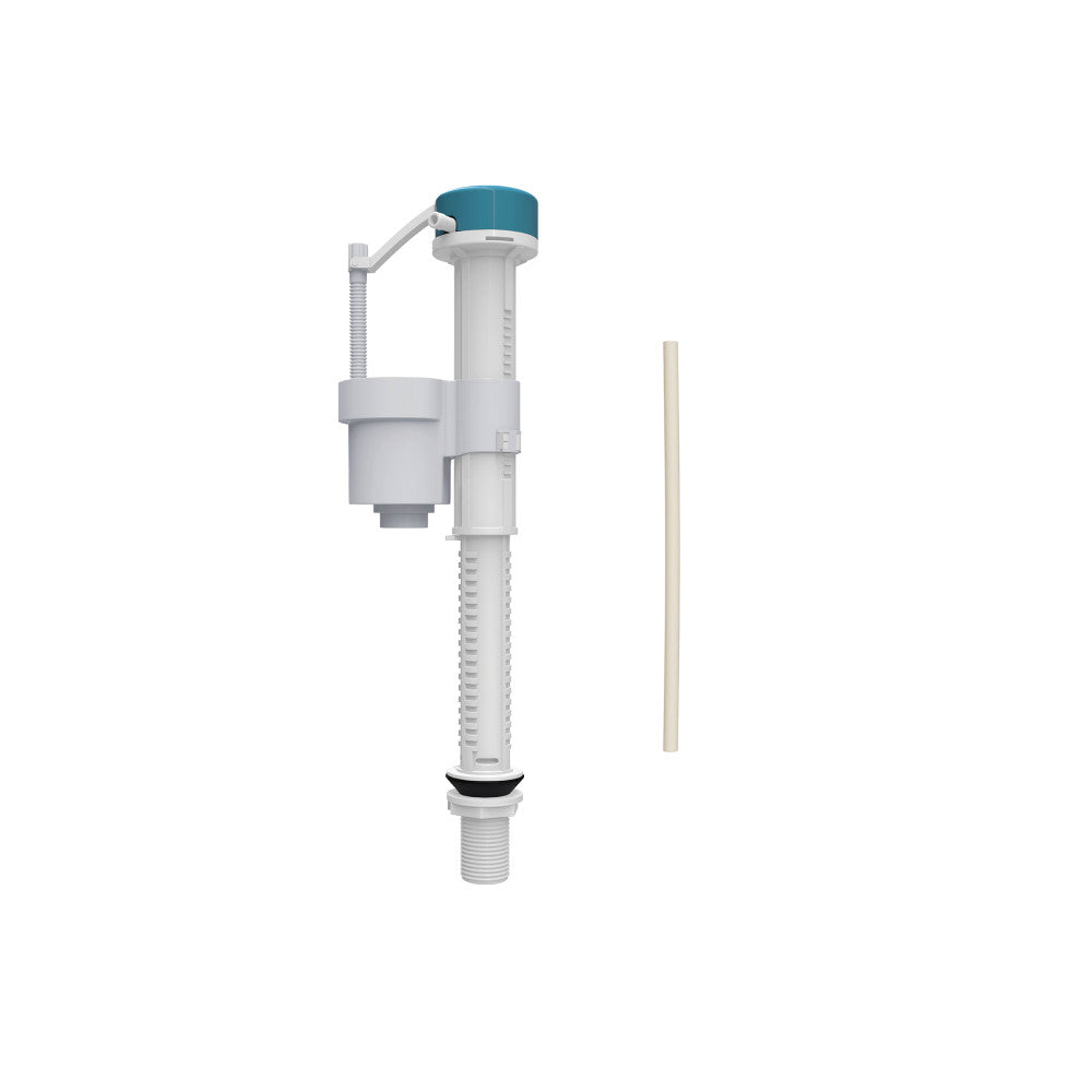 St Tropez fill valve with white plastic body and blue cap for toilet tank replacement parts.