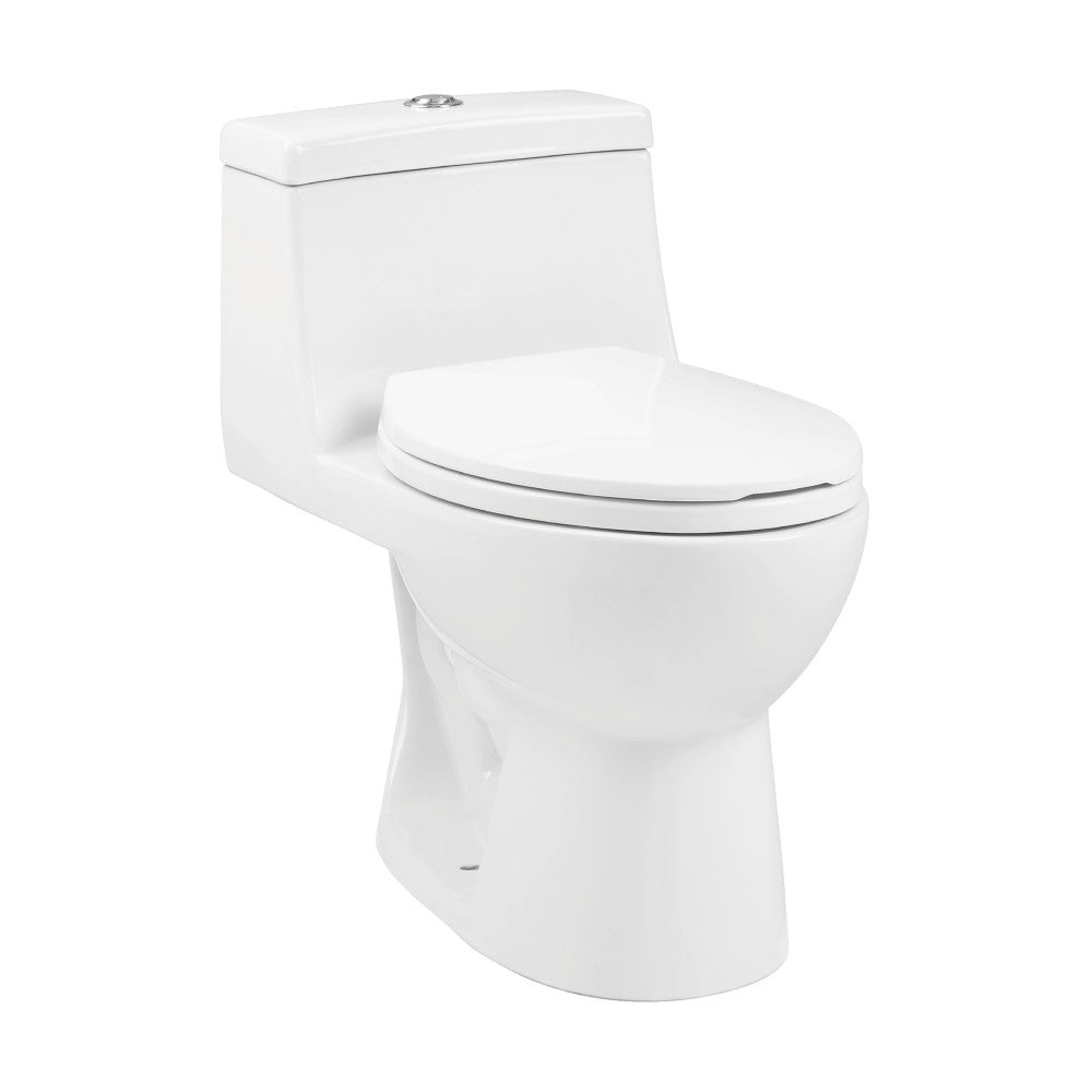 Elongated one-piece toilet in white with dual flush buttons on top tank, compact design.