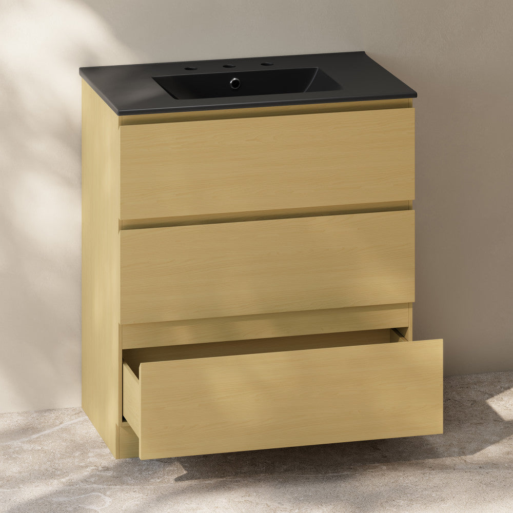 Liberte 30" Freestanding Bathroom Vanity in Natural Oak with Black 3-Hole Widespread Sink Top