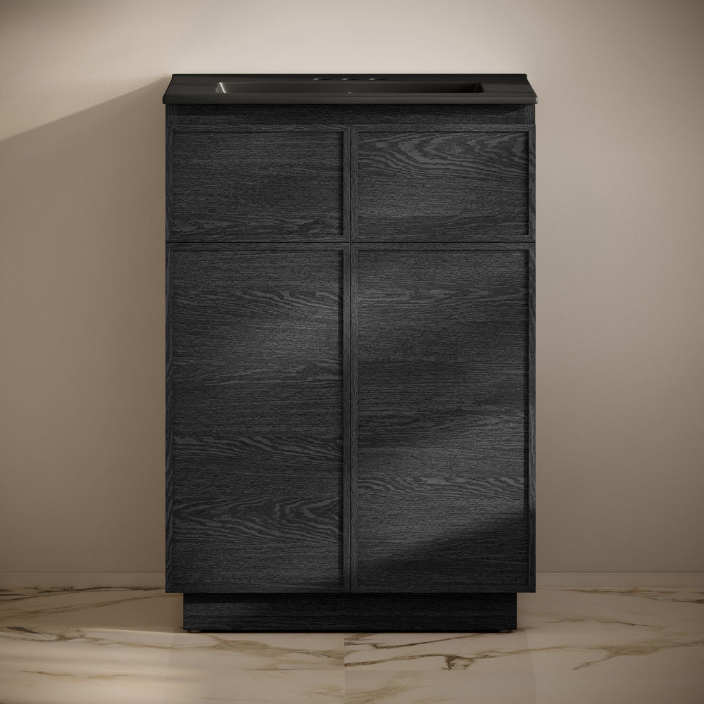 St. Tropez 24" Freestanding Bathroom Vanity in Black Oak with Black 3-Hole Centerset Sink Top