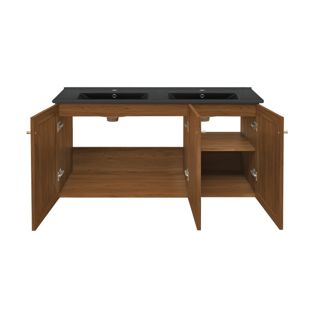 Classe 48" Wall-Mounted Bathroom Vanity in Brown Oak with Black Double Basin Sink Top
