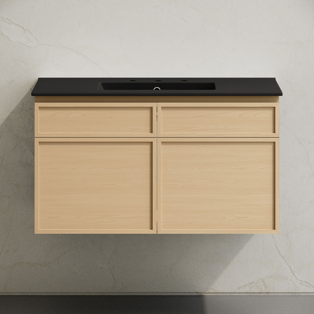 St. Tropez 36" Wall-Mounted Bathroom Vanity in Natural Oak with Black 3-Hole Widespread Sink Top