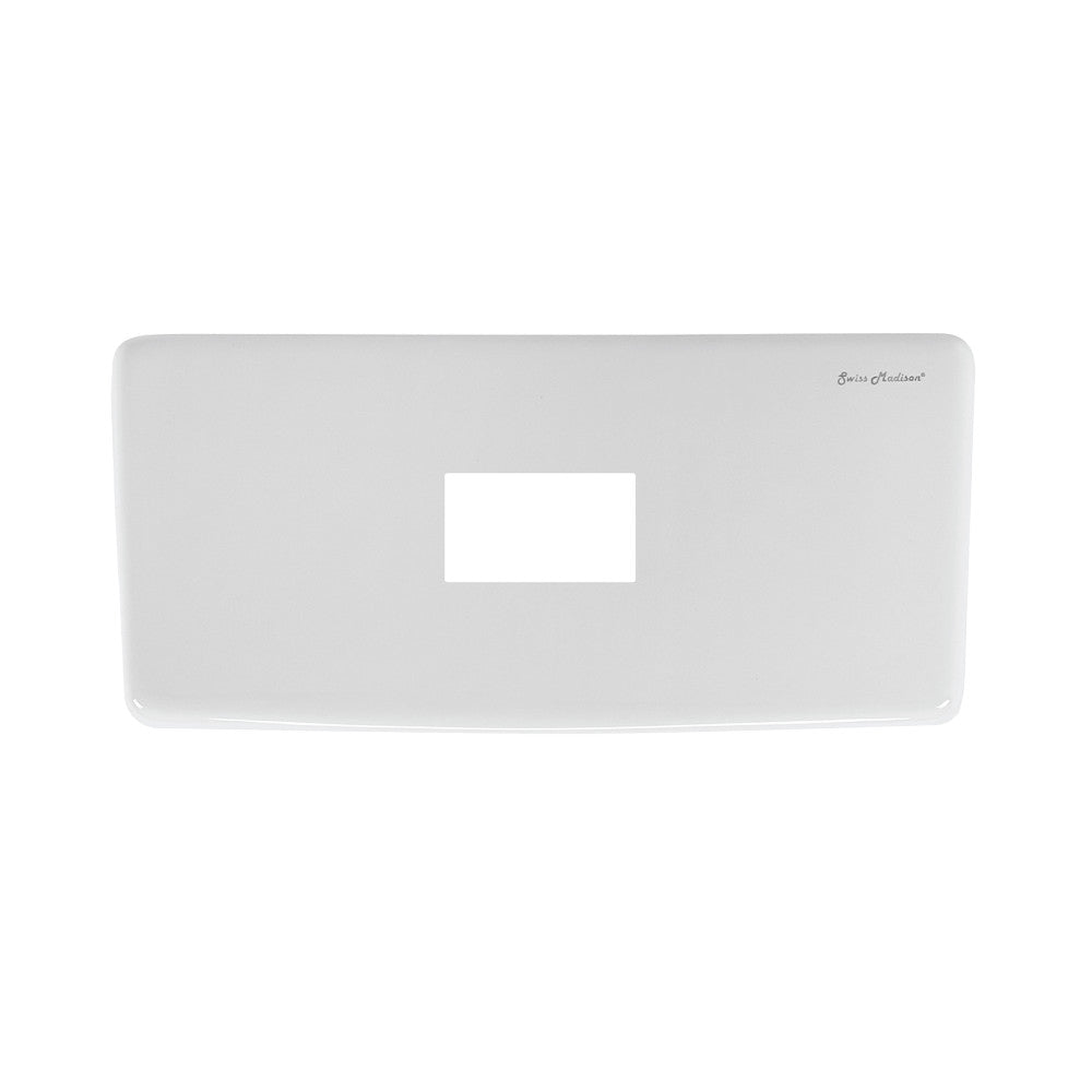 Dual flush toilet tank lid in glossy white, rectangular with center flush button cutout.