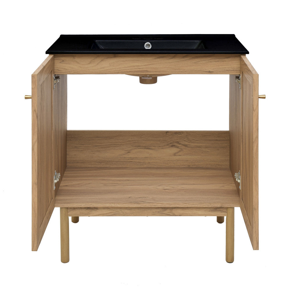 Classe 30" Freestanding Bathroom Vanity in Golden Oak with Black 3-Hole Widespread Sink Top