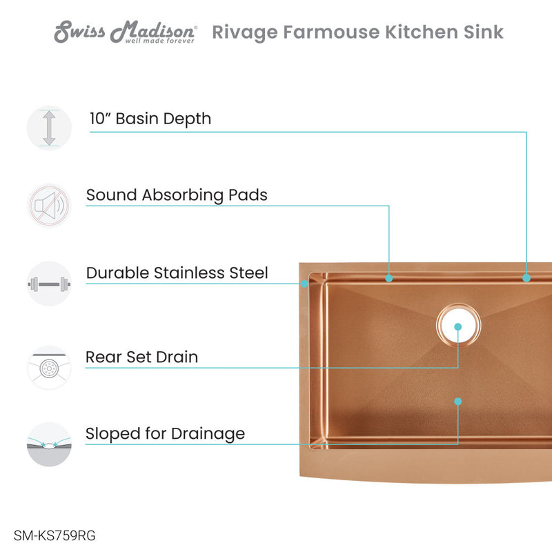 Rivage 30 x 21  Stainless Steel, Single Basin, Farmhouse Kitchen Sink with Apron in Rose Gold