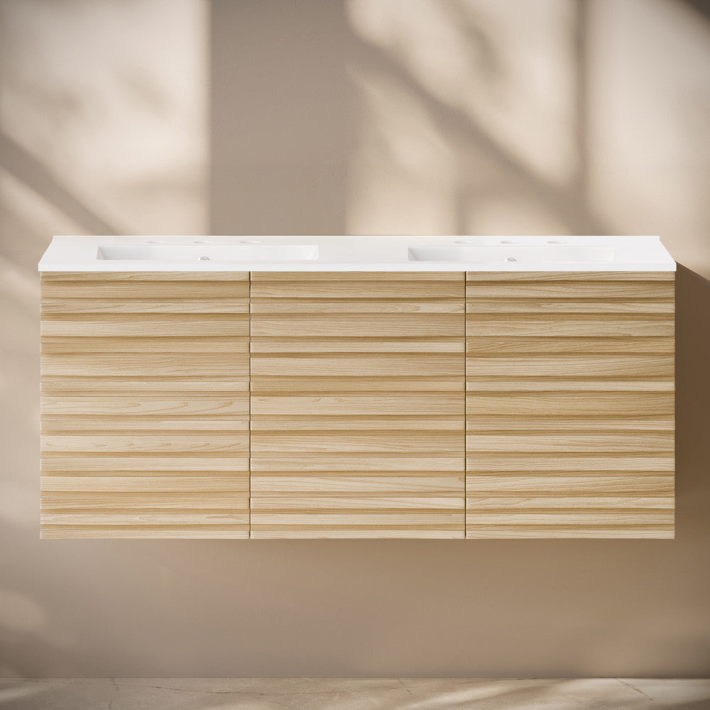 Cascade 48" Wall-Mounted Bathroom Vanity in Natural Oak with 3-Hole Widespread Double Basin Sink Top
