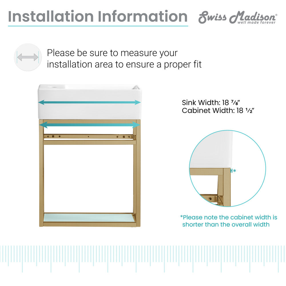 19.5-inch wall-mount bathroom vanity with open shelf and gold metal frame.