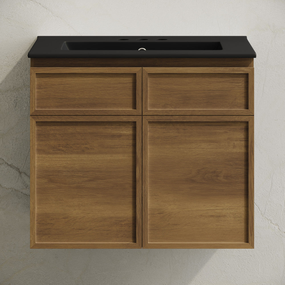 St. Tropez 24" Wall-Mounted Bathroom Vanity in Brown Oak with Black 3-Hole Widespread Sink Top