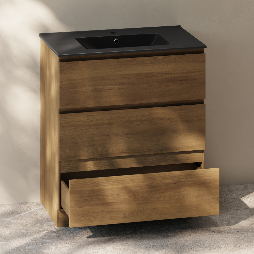 Liberte 30" Freestanding Bathroom Vanity in Brown Oak with Black Sink Top