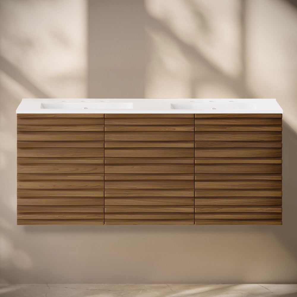 Cascade 48" Wall-Mounted Bathroom Vanity in Brown Oak with 3-Hole Widespread Double Basin Sink Top