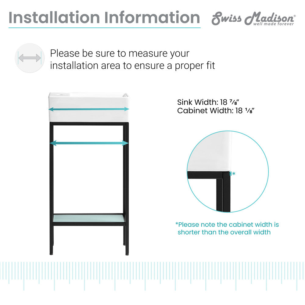 19.5-inch freestanding bathroom vanity with open shelf, matte black metal frame, minimalist design.