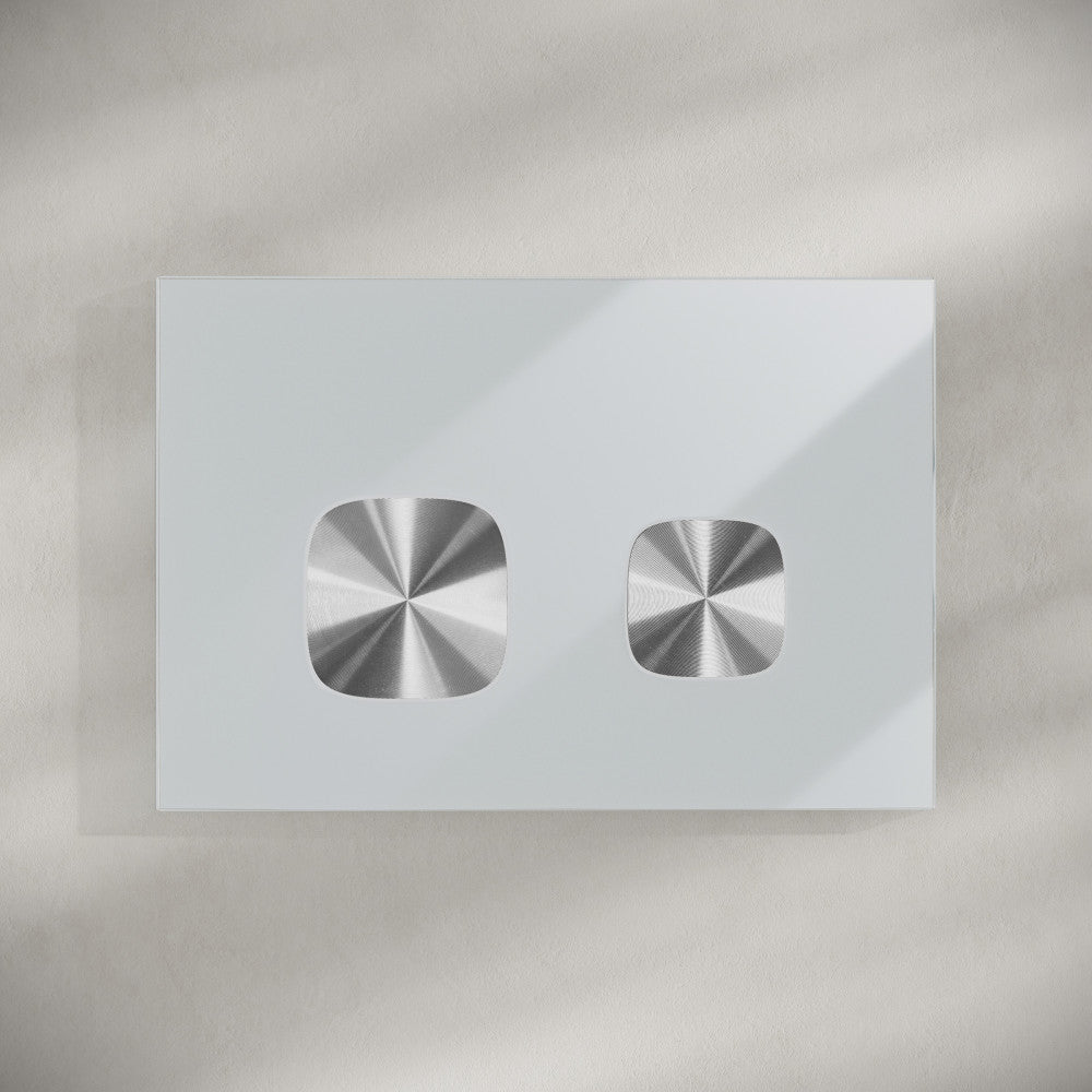 Verre Wall Mount Dual Flush Glass Actuator Plate in Glossy White with Silver Flush Buttons