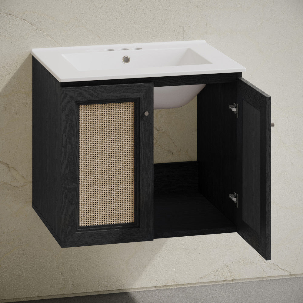 Classe 24" Wall-Mounted Bathroom Vanity in Black Oak with Centerset Faucet Holes Vanity Top