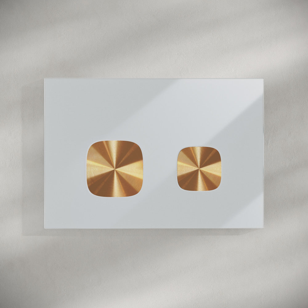 Verre Wall Mount Dual Flush Glass Actuator Plate in Glossy White with Copper Flush Buttons