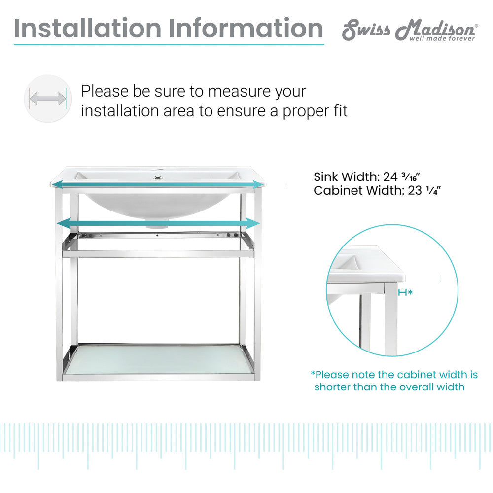 24-inch wall-mounted bathroom vanity with chrome frame, open shelf, and white sink top.