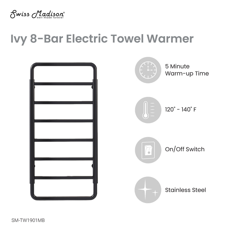 Ivy 8-Bar Electric Towel Warmer in Matte Black