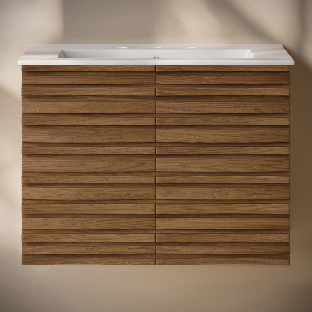 Cascade 30" Wall-Mounted Bathroom Vanity in Brown Oak with 3-Hole Widespread Sink Top