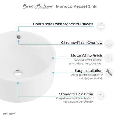 Monaco 16.5” Round Vessel Sink in Matte White