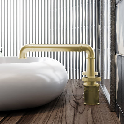 Widespread bathroom faucet in brushed gold with 2-handle wheel design, 8-inch installation width.