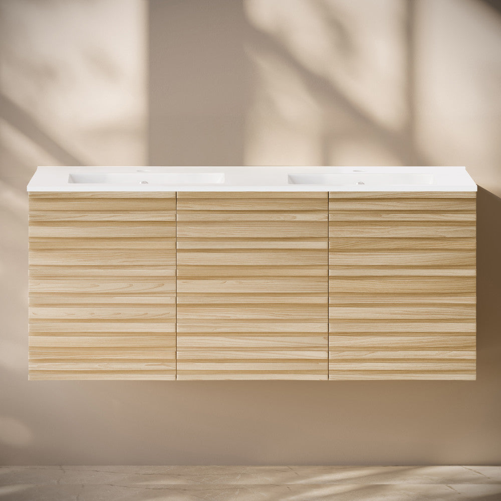 Cascade 48" Wall-Mounted Bathroom Vanity in Natural Oak with Double Basin Sink Top