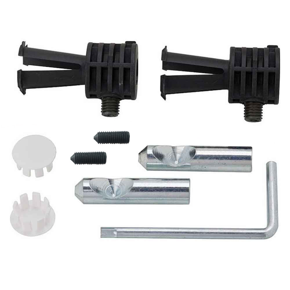 Wall-hung mounting kit with black plastic brackets, metal screws, brackets, and an Allen wrench accessory kit.