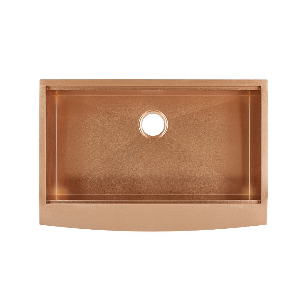 33 x 22-inch single basin farmhouse kitchen sink with apron front in rose gold stainless steel.