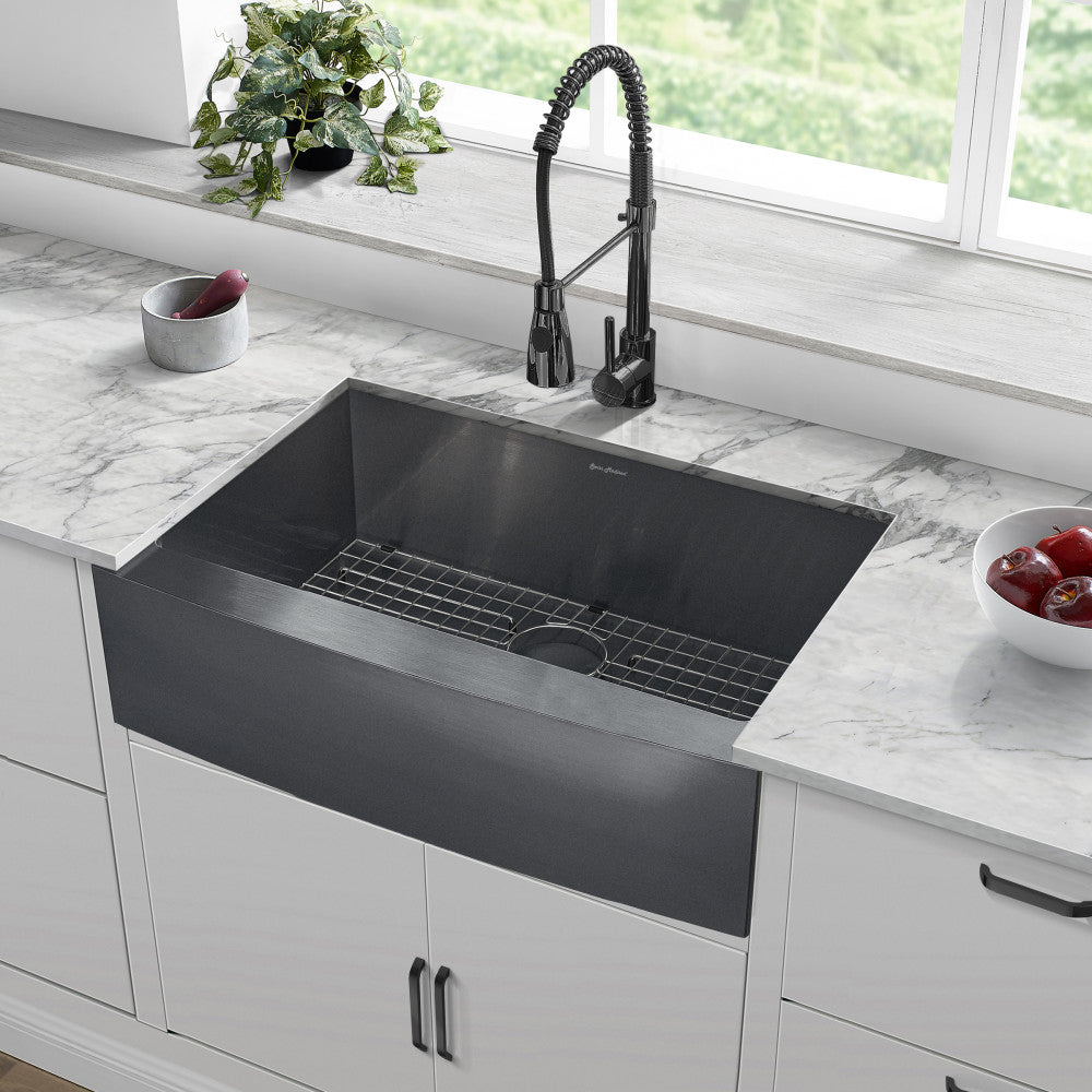 30 x 21-inch black farmhouse kitchen sink, stainless steel, single basin, apron front design.