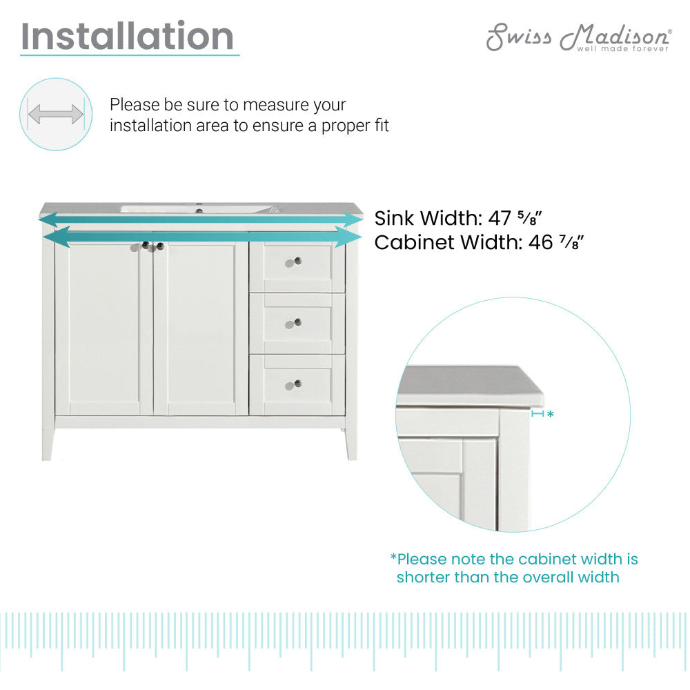 48-inch freestanding bathroom vanity with two doors and three drawers, soft-close doors.