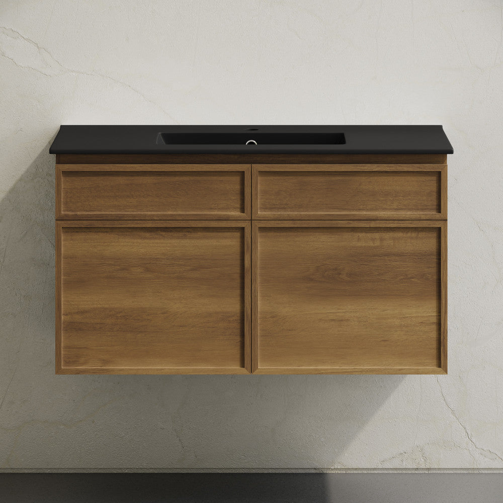 St. Tropez 36" Wall-Mounted Bathroom Vanity in Brown Oak with Black Sink Top