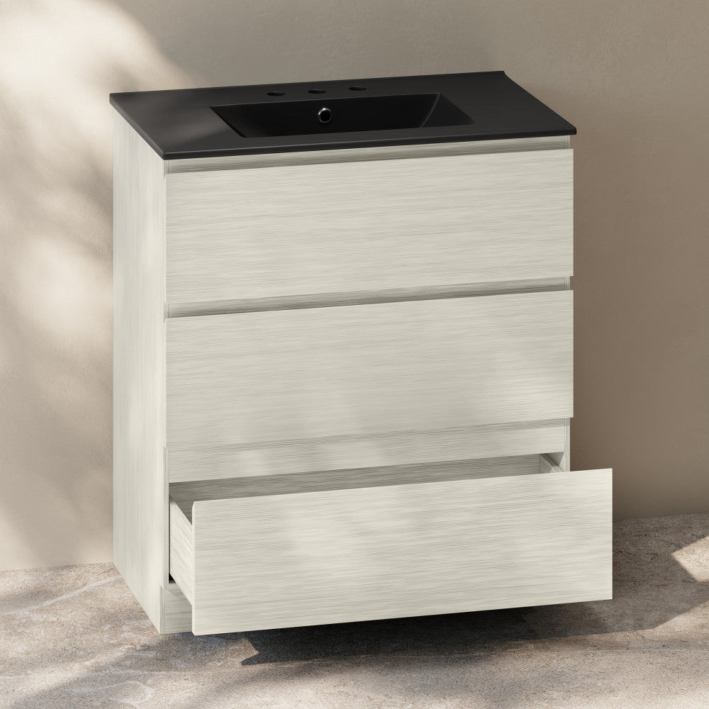 Liberte 30" Freestanding Bathroom Vanity in White Oak with Black 3-Hole Widespread Sink Top