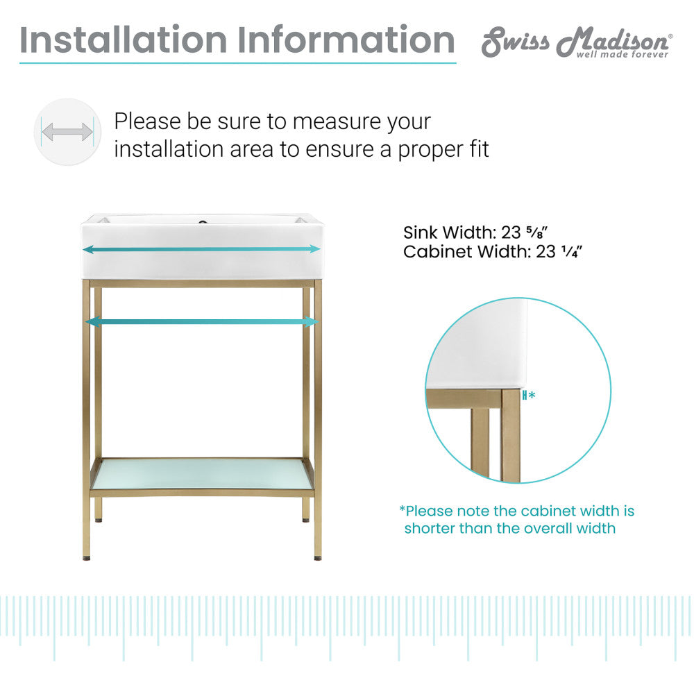 24-inch freestanding bathroom vanity with gold metal frame and open lower shelf.