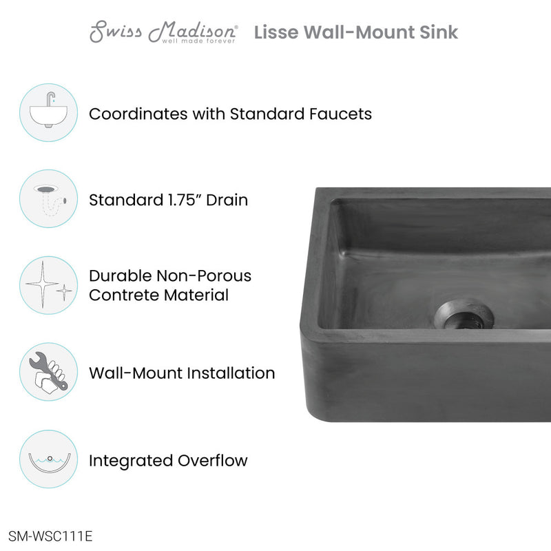 Lisse 16" Rectangle Concrete Wall-Mount Bathroom Sink in Dark Grey