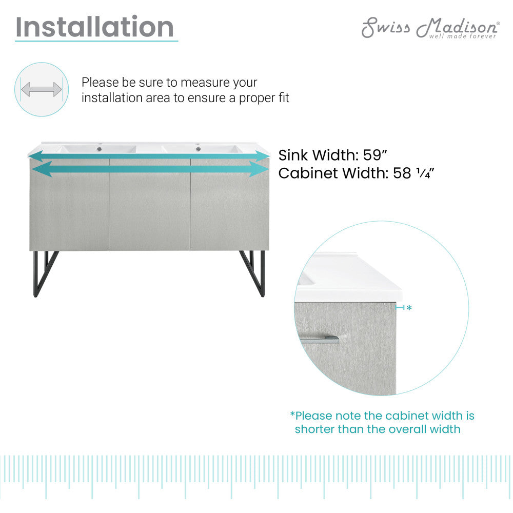 60-inch freestanding gray bathroom vanity with single sink and metal leg supports.