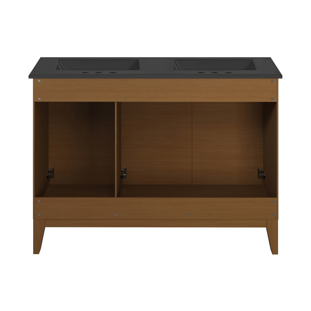 Cascade 48 in. Brown Oak, Double Basin Bathroom Vanity With Black, 3-Hole Centerset Ceramic Sink Top